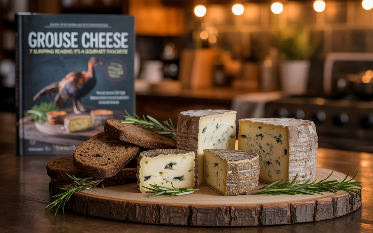 Grouse Cheese platter with cookbook backdrop Grouse Cheese platter with cookbook backdrop
