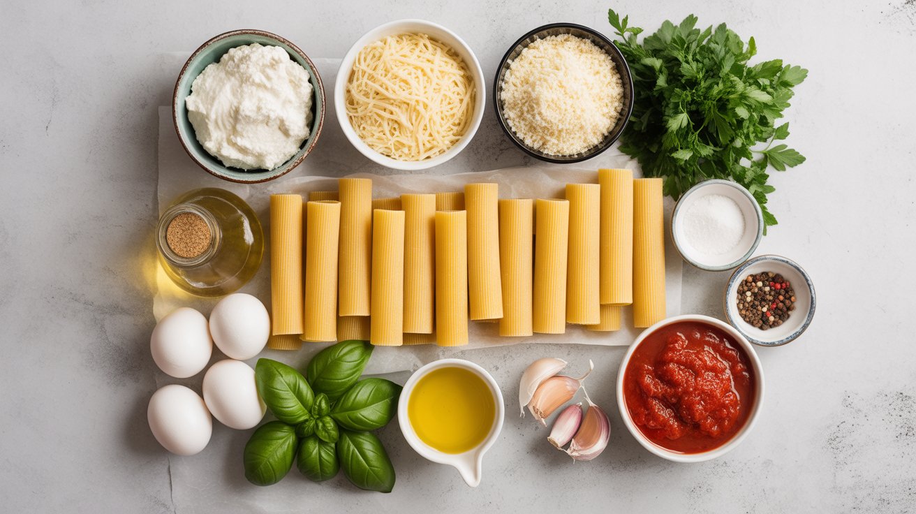 "Mannacote ingredients flat lay showing ricotta, mozzarella, Parmesan, manicotti tubes, herbs, and marinara sauce"