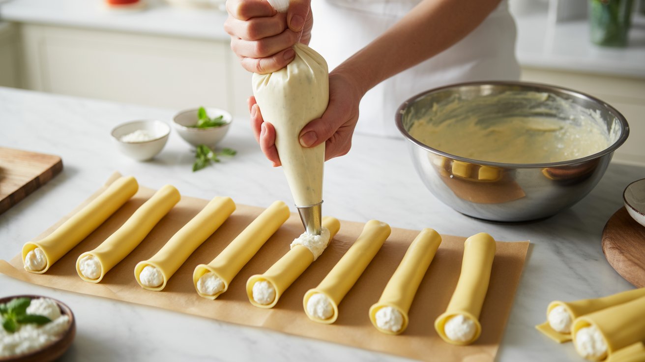 Piping ricotta cheese filling into manicotti tubes using piping bag for mannacote recipe