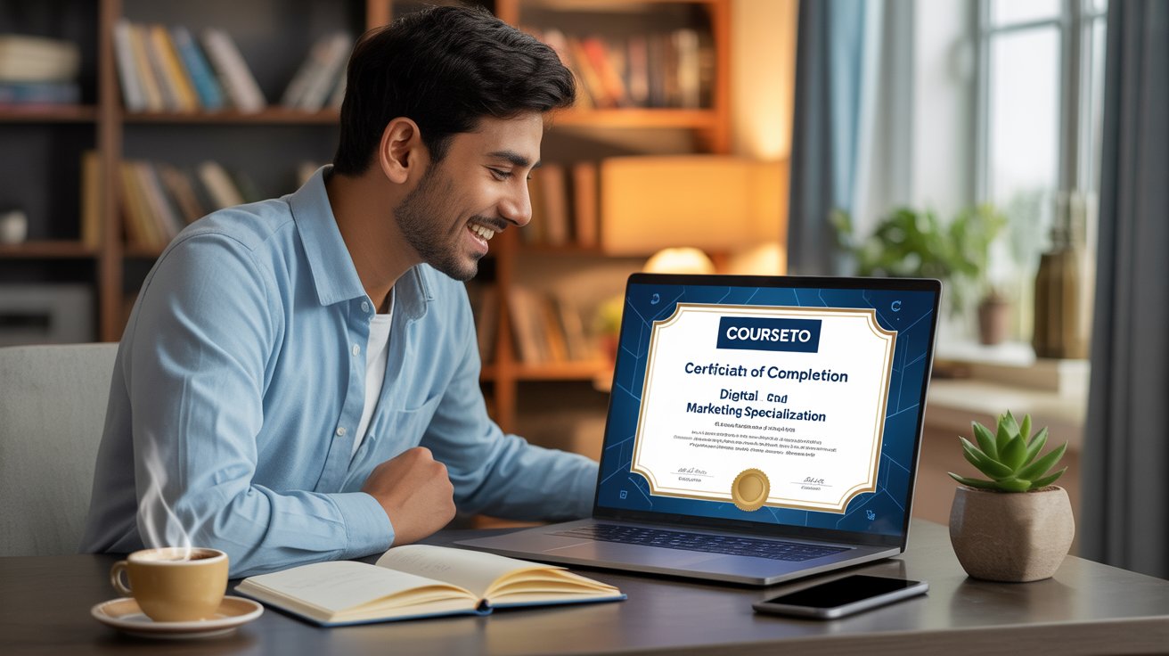 Courseto certificate of completion displayed on laptop screen showing professional digital marketing course achievement and credentials