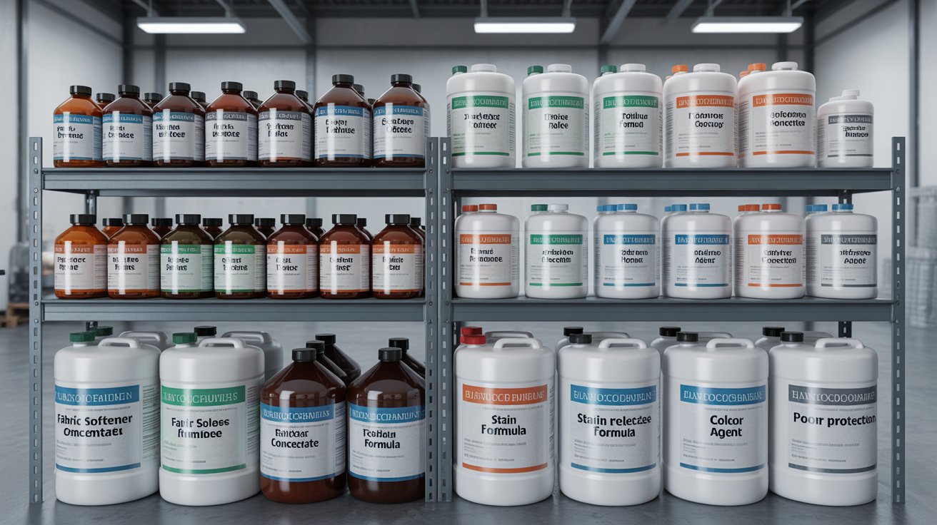 Chromtex complete product range, including pretreatment chemicals, dyeing solutions, and finishing agents for the textile industry