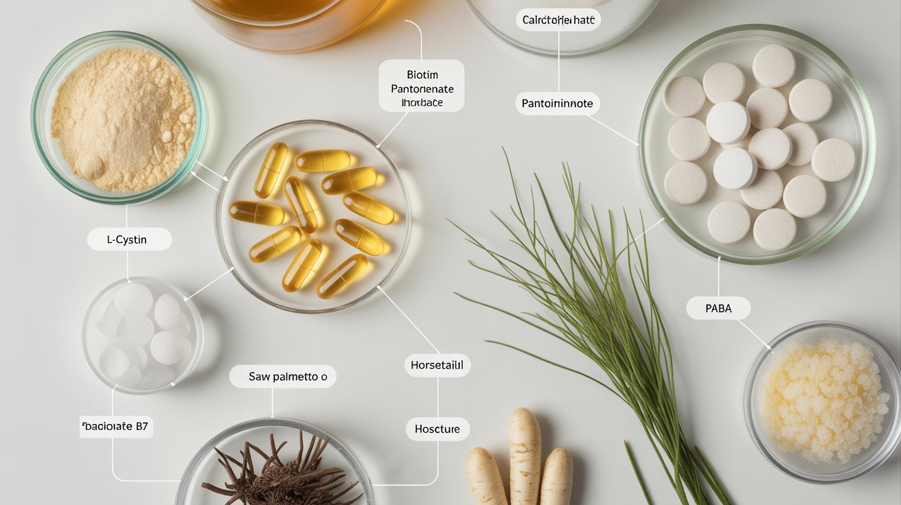 Pantagonar key ingredients breakdown - L-cystine, biotin, calcium pantothenate, and keratin-building compounds for hair growth