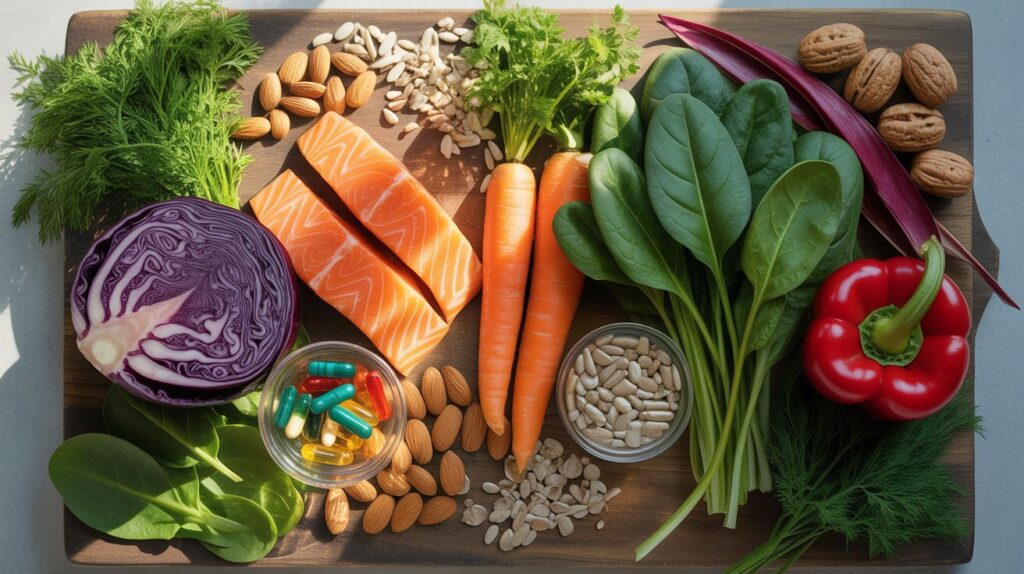 Natural ingredients for Pantagonar supplement including biotin, vitamins, and omega-3 rich foods for hair and nail health