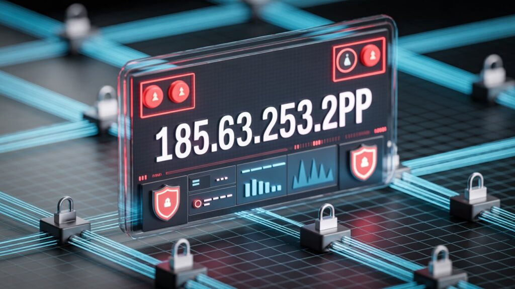 185.63.253.2pp suspicious IP address displayed on cybersecurity monitoring screen with network security alerts and firewall protection visualization