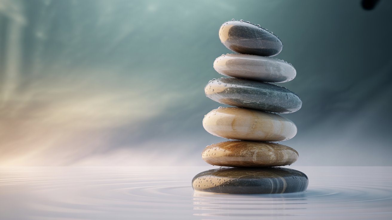 Balanced stones representing the six pillars of döziv practice for emotional stability and inner strength