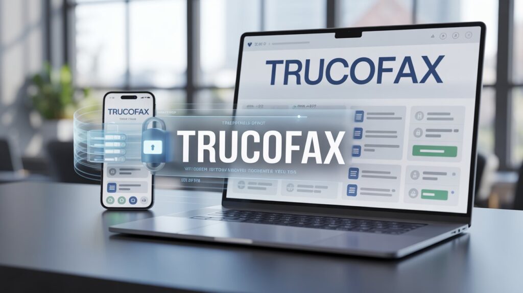 Trucofax secure communication platform dashboard with bold branding across laptop and mobile devices showing encrypted document sharing